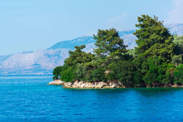 Kıyı alanı görünümünü deniz ve mavi gökyüzü ile gür yeşilliklerle kaplı