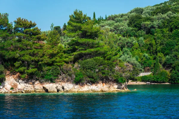 Kıyı alanı görünümünü deniz ve mavi gökyüzü ile gür yeşilliklerle kaplı