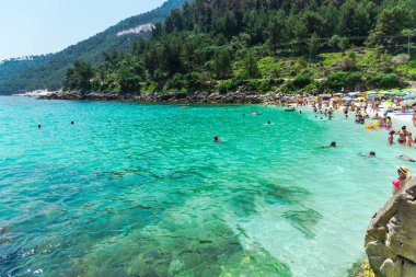 Denizde dinlenen ve yüzen insanların yüksek görünümü