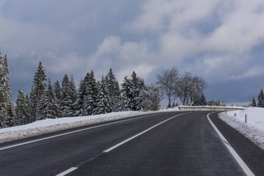 Karlı çam ağaçları ve bulutlu gökyüzü ile geniş yol