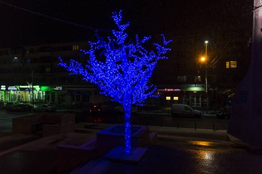 Sokakta mavi aydınlatma ile inanılmaz ağaç