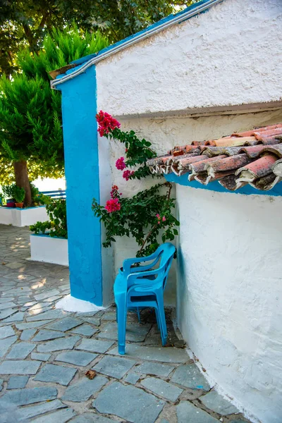 Tradycyjny Styl Grecki Urządzony Dom Kwiatami — Zdjęcie stockowe