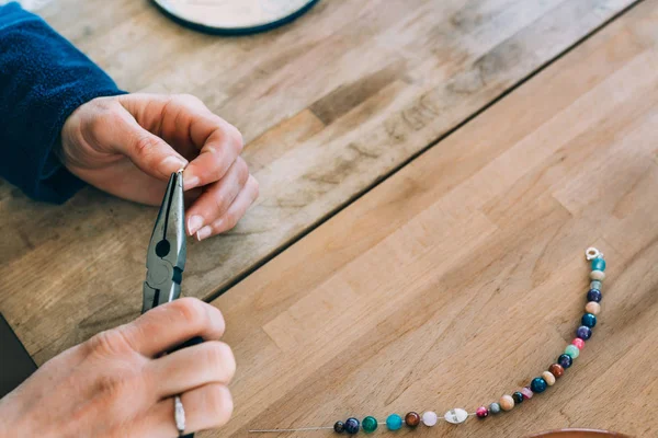 Woman Making Craft Jewelry Colored Stones — Stock Photo, Image