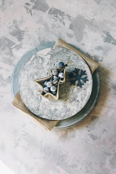Christmas Table Set Concrete Plates Made Hand Decorated Bowl Jinglebells — Stock Photo, Image