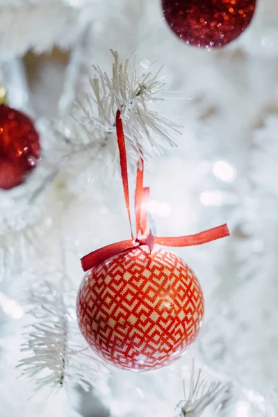 Boho Christmas Baubles Hanging White Christmas Tree — Stock Photo, Image