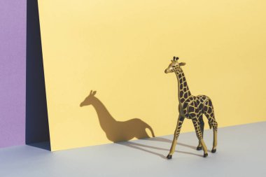 Plastik oyuncak zürafa, sarı ve mavi arka plan kendi gölgeni.
