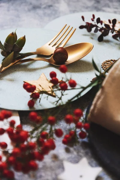 Tovaglia Natalizia Posate Dorate Nandine Tavola Grunge Cena Vacanza — Foto Stock