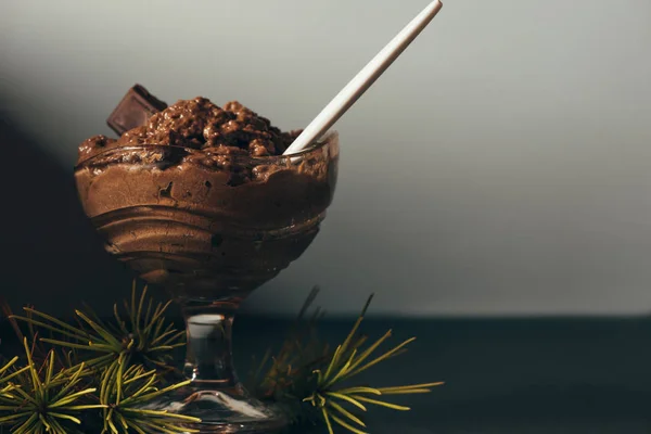 Festlig Dessert Choklad Mousse Kristall Glas Och Tall Gren — Stockfoto