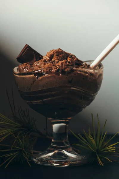 Festlig Dessert Choklad Mousse Kristall Glas Och Tall Gren — Stockfoto