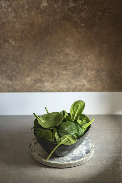 厨房上的现代陶器碗上的新鲜菠菜 — 图库照片