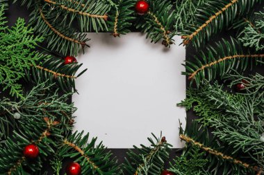 Çerçeve süsleri ve yılbaşı ağacı dalları.