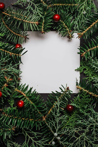 Frame of Christmas tree branches and decorations. — Stock Photo, Image