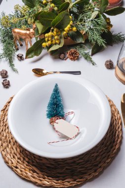 Zarif bir Noel yeri seti, Tabakta çam ağacı biblosu