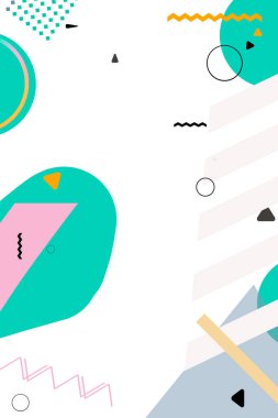 Memphis tarzı tasarım, soyut geometrik şekiller ve pastel renk paleti.