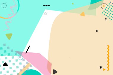 Memphis tarzı tasarım, soyut geometrik şekiller ve pastel renk paleti.