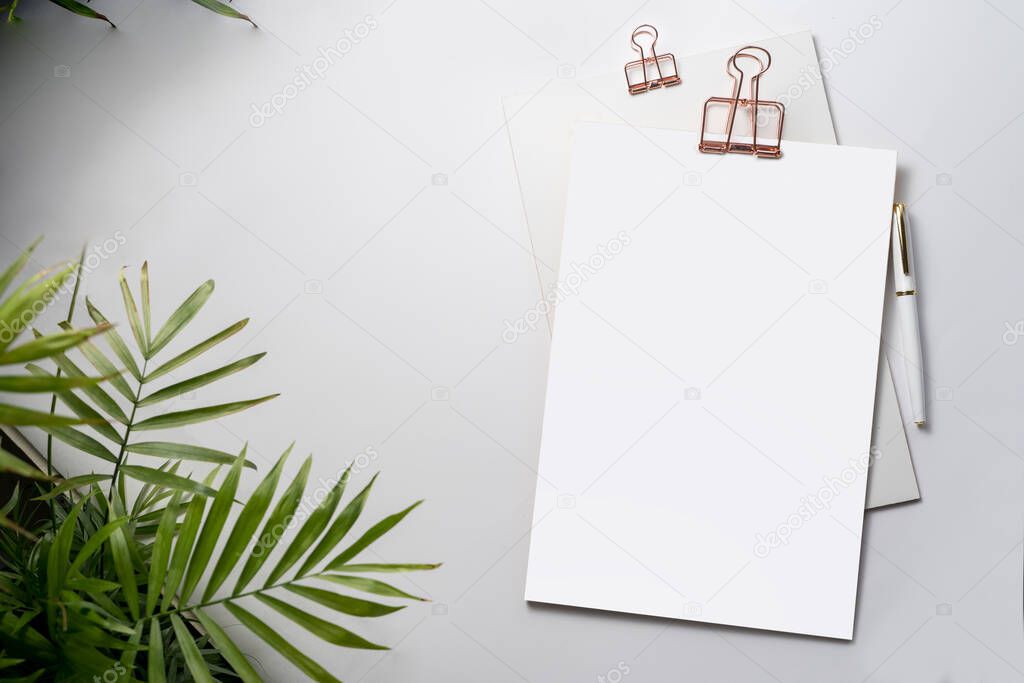 Blank corporate identity stationery set, personal branding mockup template. Sheets of paper, fountain pen and office supplies, decorated with a living room palm tree on light background