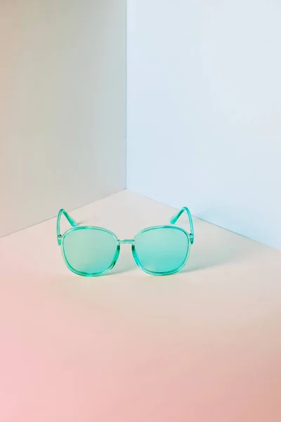 Modern Blue Sunglasses Front Corner Pastel Wall Background Copy Space — Stock Photo, Image