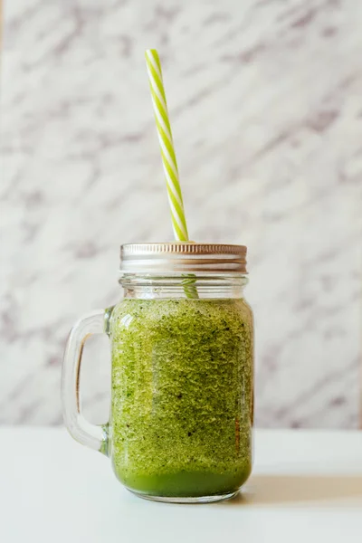 Green Smoothie Apple Lemon Spinach Glass Jar Straw Light Background — Stock Photo, Image