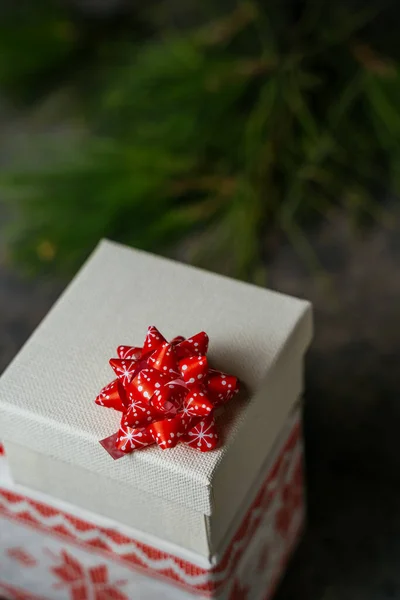 Caja Regalo Navidad Envuelta Papel Festivo Cinta Roja Rodeada Ramas — Foto de Stock