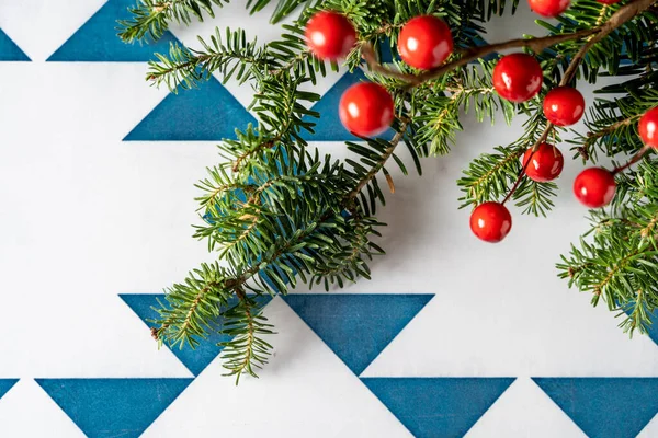 Mavi Beyaz Geometrik Arka Planda Kırmızı Böğürtlenlerle Süslenmiş Firtree Holly — Stok fotoğraf