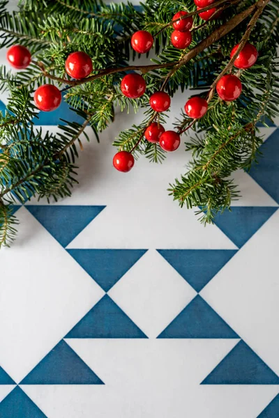 Mavi Beyaz Geometrik Arka Planda Kırmızı Böğürtlenlerle Süslenmiş Firtree Holly — Stok fotoğraf