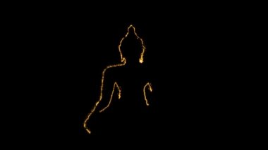 Işıldayan altın parçacıklar meditasyon yapan Buda 'yı yaratıyor. Altın arkaplanı parlayan güzel Buda.