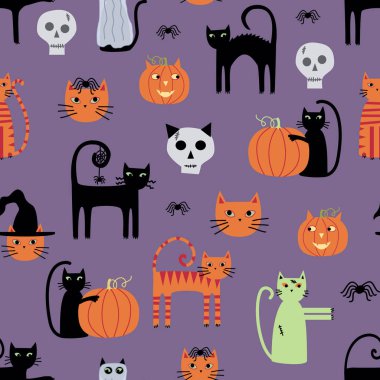 Kediler, kafatasları ve balkabaklarının kumaş, tekstil, arka plan, duvar kâğıdı kırtasiyesi, ev eşyaları ve daha fazlası için uygun olduğu sevimli, kaprissiz bir desen..
