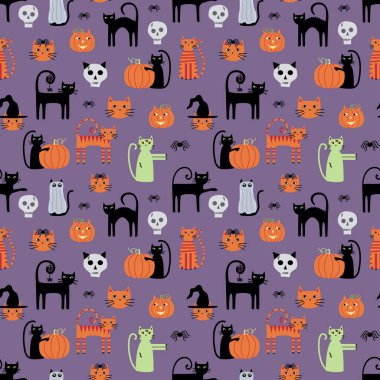 Kediler, kafatasları ve balkabaklarının kumaş, tekstil, arka plan, duvar kâğıdı kırtasiyesi, ev eşyaları ve daha fazlası için uygun olduğu sevimli, kaprissiz bir desen..