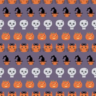 Kediler, kafatasları ve balkabaklarının kumaş, tekstil, arka plan, duvar kâğıdı kırtasiyesi, ev eşyaları ve daha fazlası için uygun olduğu sevimli, kaprissiz bir desen..