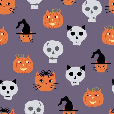 Kediler, kafatasları ve balkabaklarının kumaş, tekstil, arka plan, duvar kâğıdı kırtasiyesi, ev eşyaları ve daha fazlası için uygun olduğu sevimli, kaprissiz bir desen..