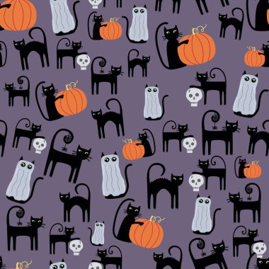 Kediler, kafatasları ve balkabaklarının kumaş, tekstil, arka plan, duvar kâğıdı kırtasiyesi, ev eşyaları ve daha fazlası için uygun olduğu sevimli, kaprissiz bir desen..