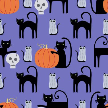 Kediler, kafatasları ve balkabaklarının kumaş, tekstil, arka plan, duvar kâğıdı kırtasiyesi, ev eşyaları ve daha fazlası için uygun olduğu sevimli, kaprissiz bir desen..