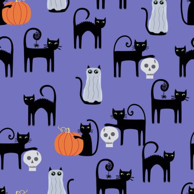 Kediler, kafatasları ve balkabaklarının kumaş, tekstil, arka plan, duvar kâğıdı kırtasiyesi, ev eşyaları ve daha fazlası için uygun olduğu sevimli, kaprissiz bir desen..