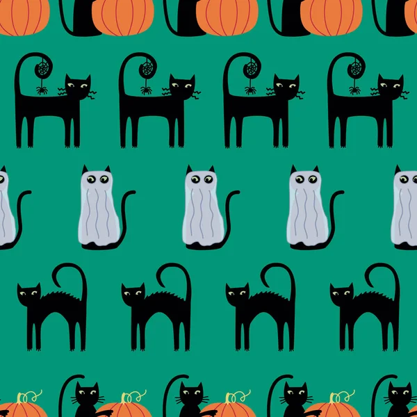 Patrón Repetición Sin Costuras Caprichoso Lindo Con Gatos Calaveras Calabazas — Archivo Imágenes Vectoriales