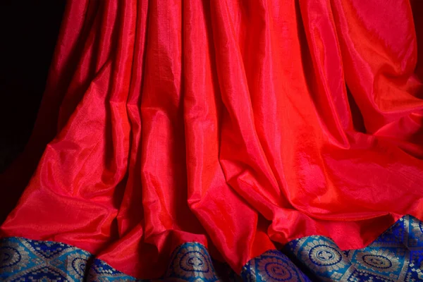 Beautiful Red Color Silk Saree Blur Golden Color Broad Border — Stock Photo, Image
