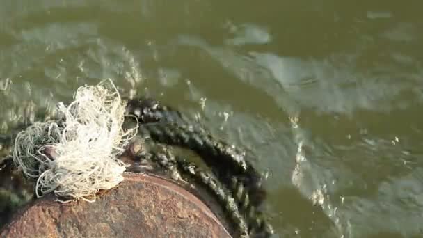 Poteau Amarrage Métal Rouillé Abandonné Cordes Épaisses Flottantes Sur Eau — Video