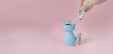 el doğal ışık pembe bir arka plan üzerinde renkli bir gökkuşağı kuyruk ve tek boynuzlu boynuz ile kittys piggy Bank mısır mavisi bir dolar koyar kameraya geri döndü