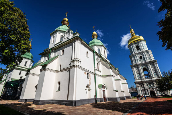 Kiev, Ukraine - September 22, 2018: View on Saint Sophia Cathedral and bell tower in Kiev is an outstanding architectural monument of Kievan Rus. inscribed on the World Heritage List