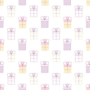 Hediye veya hediye kutusu. Anahat vektör. Parlak renkler. Kutlama kavramı. Seamless modeli