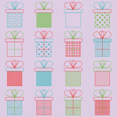 Doğum günü ya da yılbaşı için hediye kutuları veya hediye kümesidir. Anahat vektör simgesi. Parlak renkler. Kutlama kavramı. Seamless modeli.