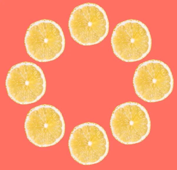 Φόντο Κίτρινο Λεμόνι Φέτες Κύκλος Φρούτα Πλαίσιο Στενή Επάνω Κοραλλιογενείς — Φωτογραφία Αρχείου