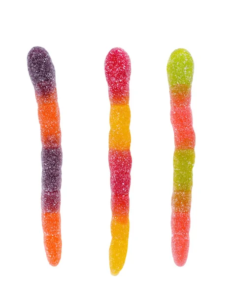 Tres Caramelos Gusanos Jalea Brillante Cerca Coloridas Serpientes Gelatina Aisladas —  Fotos de Stock