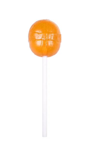 오렌지 라운드 흰색 절연 롤리팝. 달콤한 설탕 사탕 — 스톡 사진