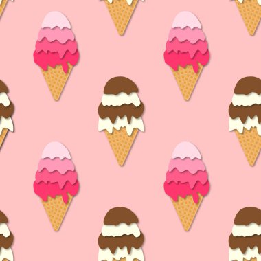 Dondurma konileri Dikişsiz deseni. 3D vektör. Kağıt kesim stili. Yaz tatlısı.