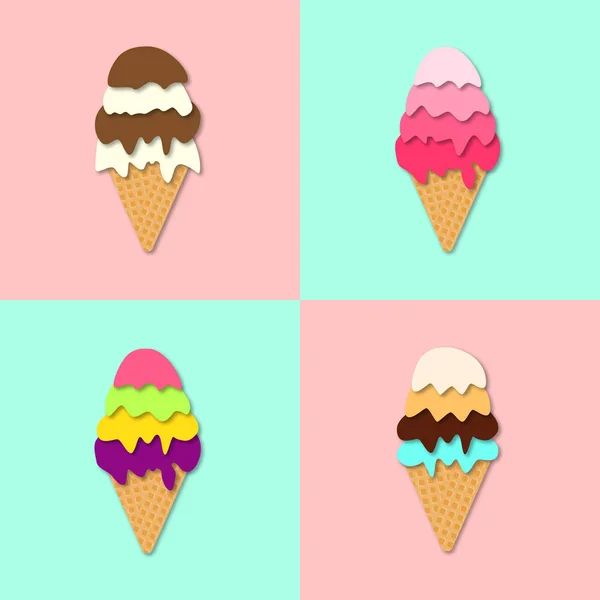 Conjunto de conos de helado. vector 3d. Estilo de corte de papel. Postre de verano — Vector de stock