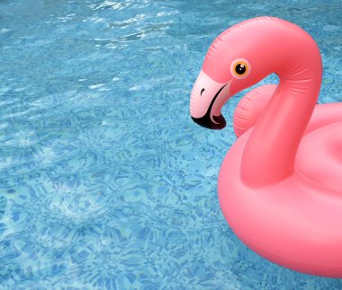 Şişme pembe flamingo parlak mavi havuz su yüzen.