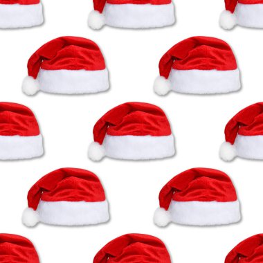 Noel Baba kırmızı şapka beyaz arka plan üzerinde izole. Kırmızı noel şapka veya kapak dikişsiz desen