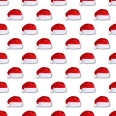 Noel Baba kırmızı şapka beyaz arka plan üzerinde izole. Kırmızı noel şapka veya kapak dikişsiz desen