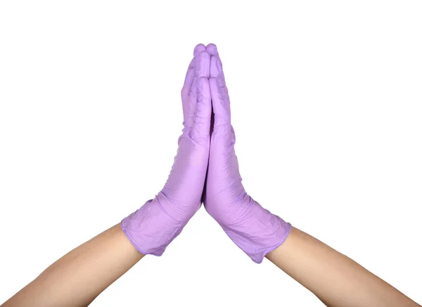 安贾利·穆德拉或纳马斯特手势在乳胶手术戴手套标志在白色背景。手放在紫色乳胶手套上，在白色上隔离。女人的手势或标志孤立在白色. — 图库照片