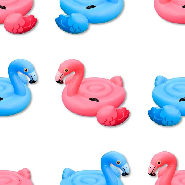 Flamingos azuis e rosa isolados no fundo. Brinquedo de piscina em forma de azul e rosa flamingo sem costura padrão. Flamingo inflável cortado. Vista superior, flat lay . — Fotografia de Stock